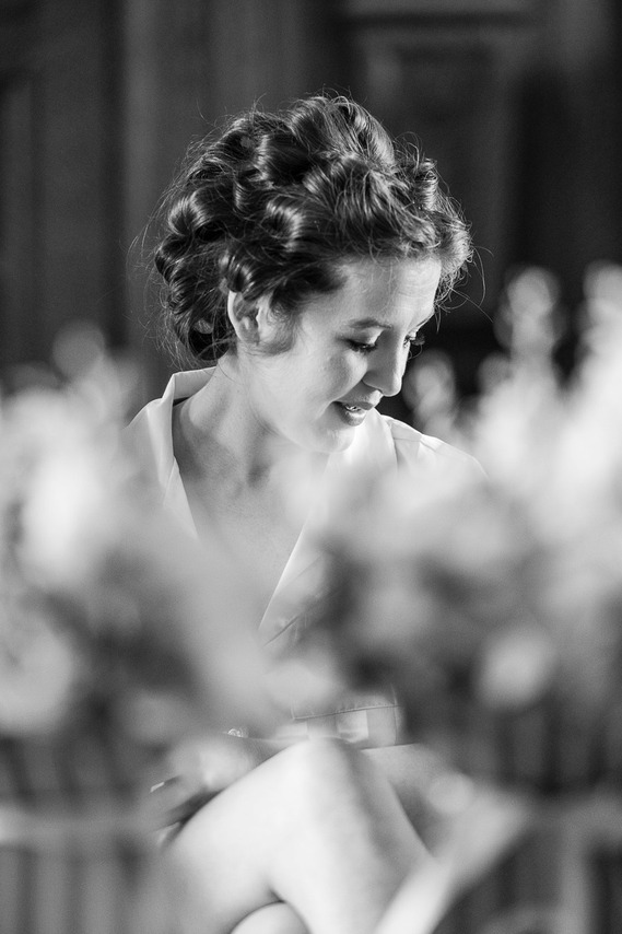 relaxed wedding photography, black and white candid portrait of bride getting ready
