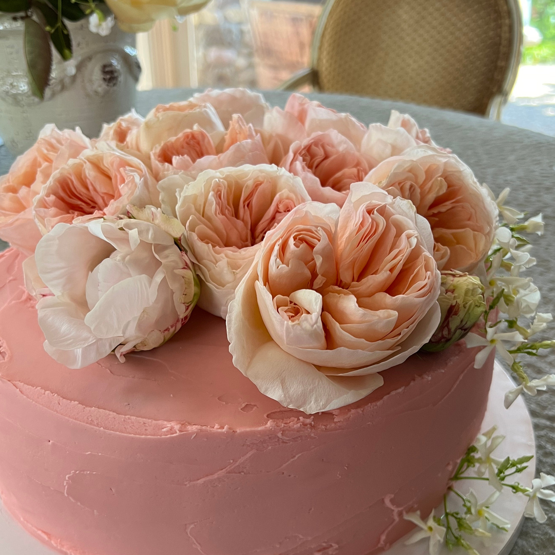A pink cake for a baby girl shower in Malibu.