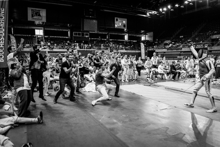 Mai 2015 , championnats de France de fleuret senior à Marseille. Ici, jean-paul Tony-Helissey (fra) tire pour le club de bourg la reine. Victoire de l'equipe