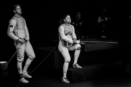 Janvier 2020 à Bourg la Reine, hauts de seine, le Challenge International de Fleuret Senior recois la crème de l'escrime mondiale. Ici Ysaora Thibus (FRA) et Race Imboden (USA)
