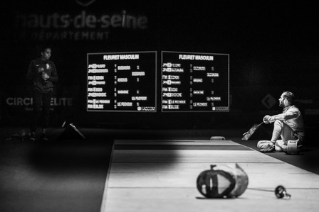 Fevrier 2019, le challenge international de fleuret senior à Bourg la reine, hauts de seine recoit la crème de l'escrime mondiale. Ici Erwan Le Pechoux (Fra) qui attend la decision de l'arbitre