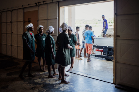 Vanille de Madagascar. 
A l'entrepôt d'Antalaha, dans la région de la SAVA, à Madagascar, les ouvrières attendent la livraison des agriculteurs pour commencer leur travail de tri.