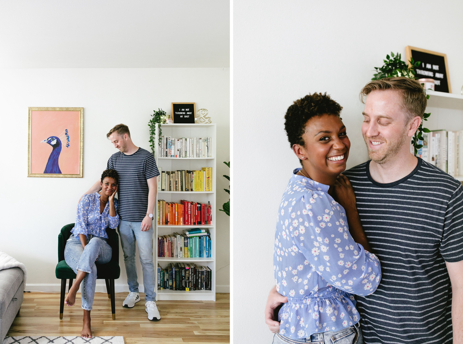 A biracial couple at-home for family portraits in front of their bookshelf and art