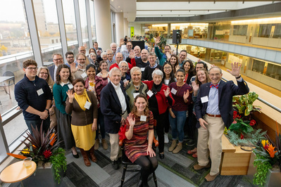 A group photo at the Morgridge Institute of Research at the University of Wisconsin. It's a cute group photo. 