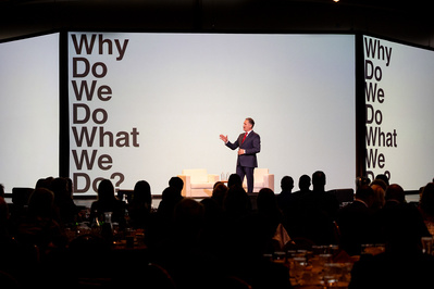 Zach Brandon, who works at the Greater Madison Chamber of Commerce, is giving a talk at the Monona Terrace in Madison, WI. 