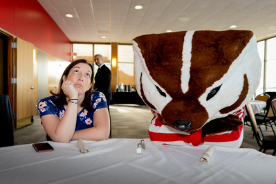 Bucky Badger will forever be my favorite. He is with a student. 