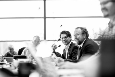 A man is talking at a meeting at the Madison Sewerage District in Madison, WI.