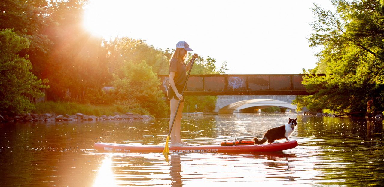 A paddle boarder enjoys the Yahara River in Madison, Wisconsin in this tourism and commerce photo.