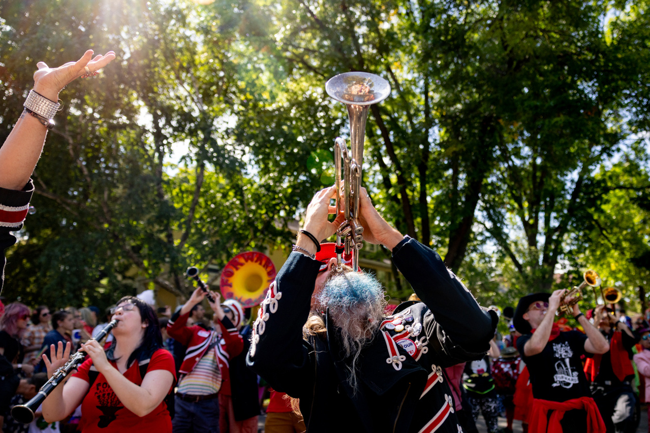 A digital image of the University of Wisconsin Marching Band preparing to support the Wisconsin Badgers football team on a fall Saturday.