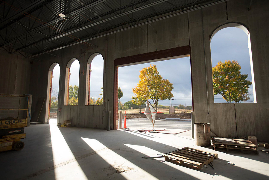 A scene looking out from the garage doors at Madison Metropolitan Sewerage District.