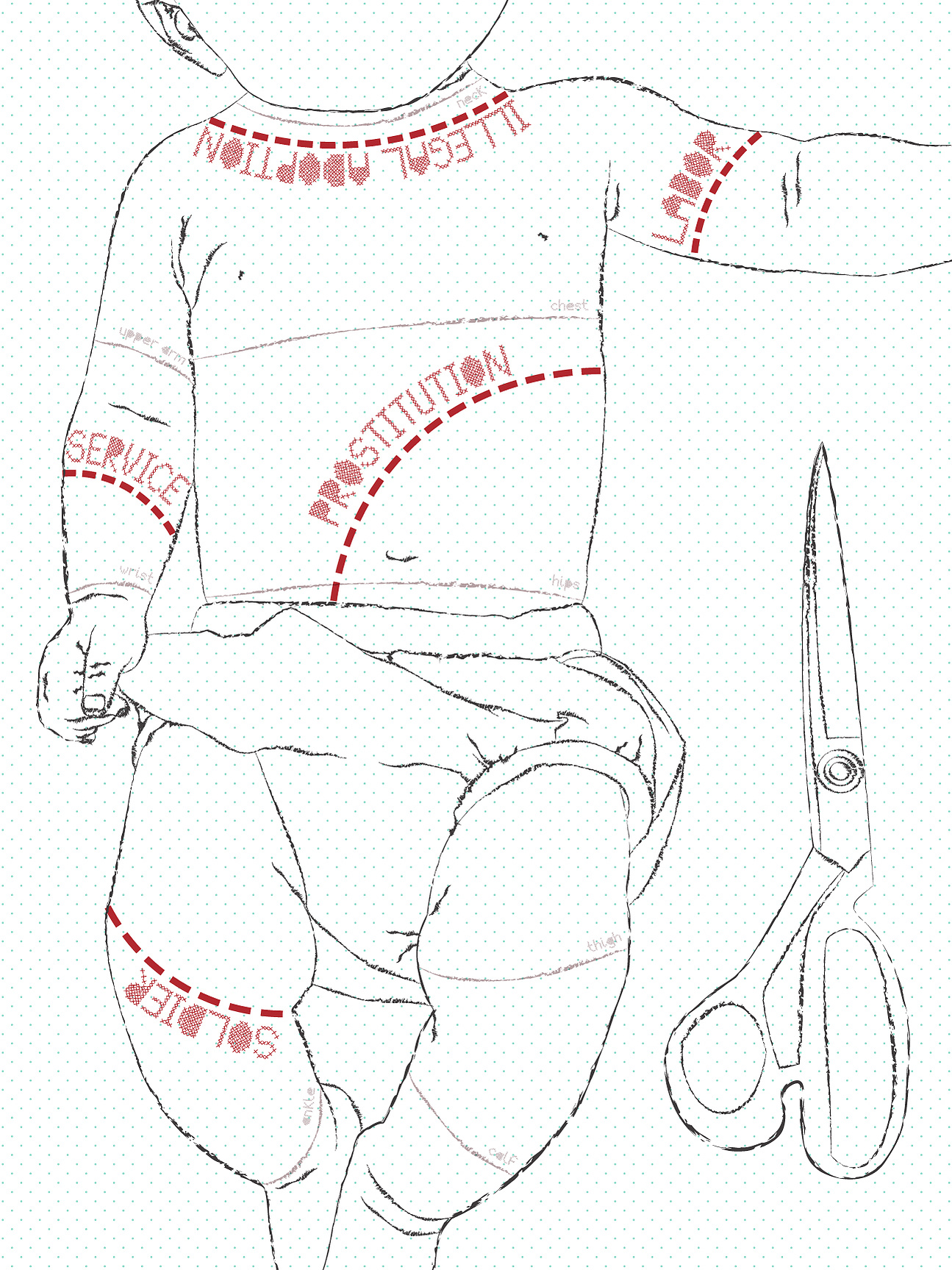 Poster with blue dotted grid lines, the shape of a child in diapers, scissors next to the child, and red cutting lines on the child in different areas labled, "illegal adoption, service, solier, prostitution, labor."