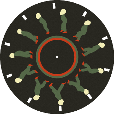 A dark gray phenakistiscope with a red circle and a green circle on top, showing a man in a green outfit with red shoes walking.