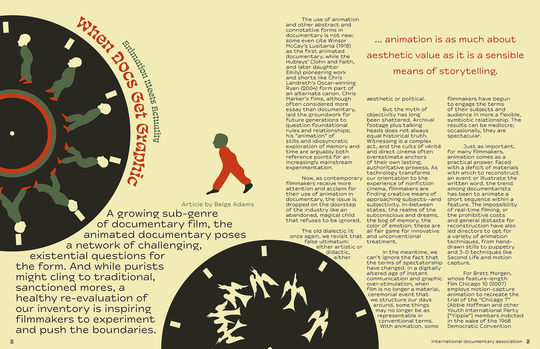 A magazine spread design using phenakistiscopes as inspiration. Colors: Red, black, gray, green, beige