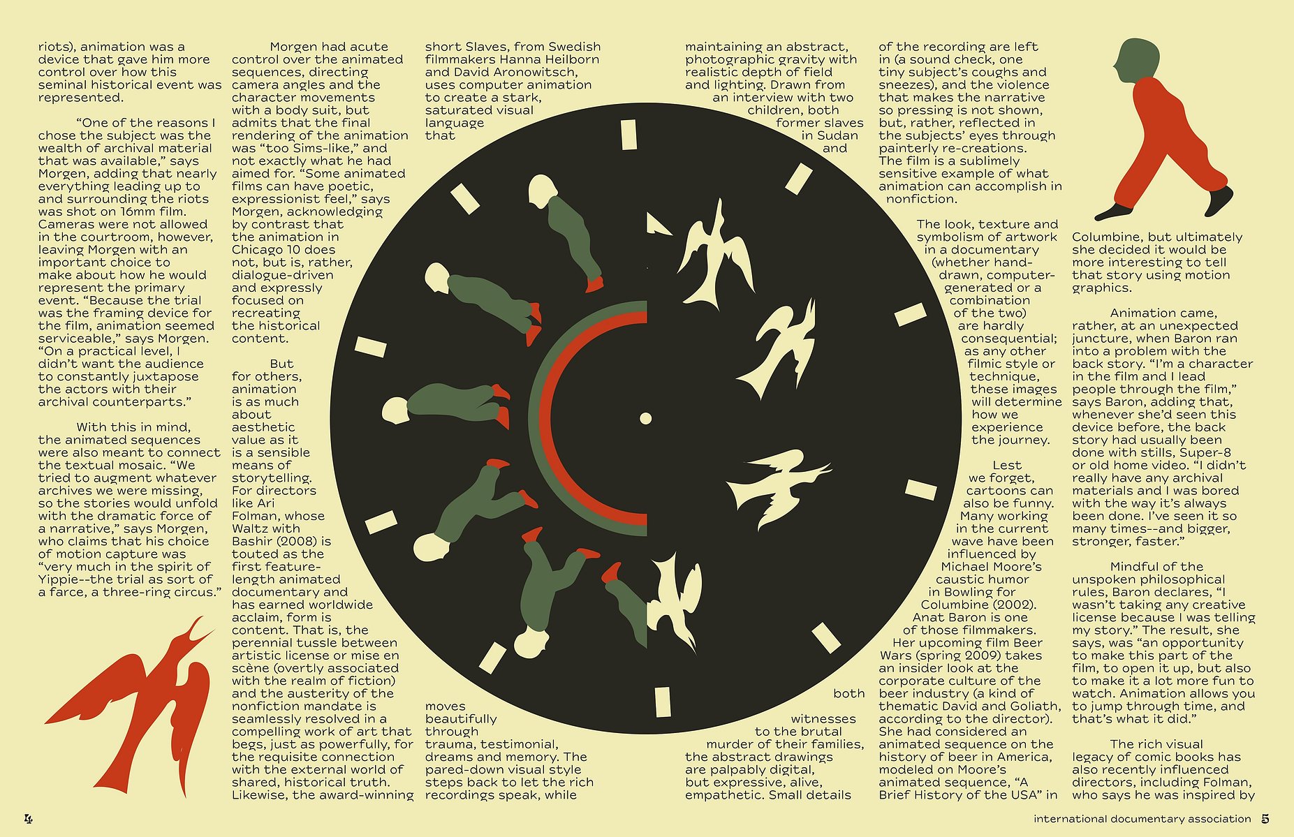A magazine spread design using phenakistiscopes as inspiration. Colors: Red, black, gray, green, beige