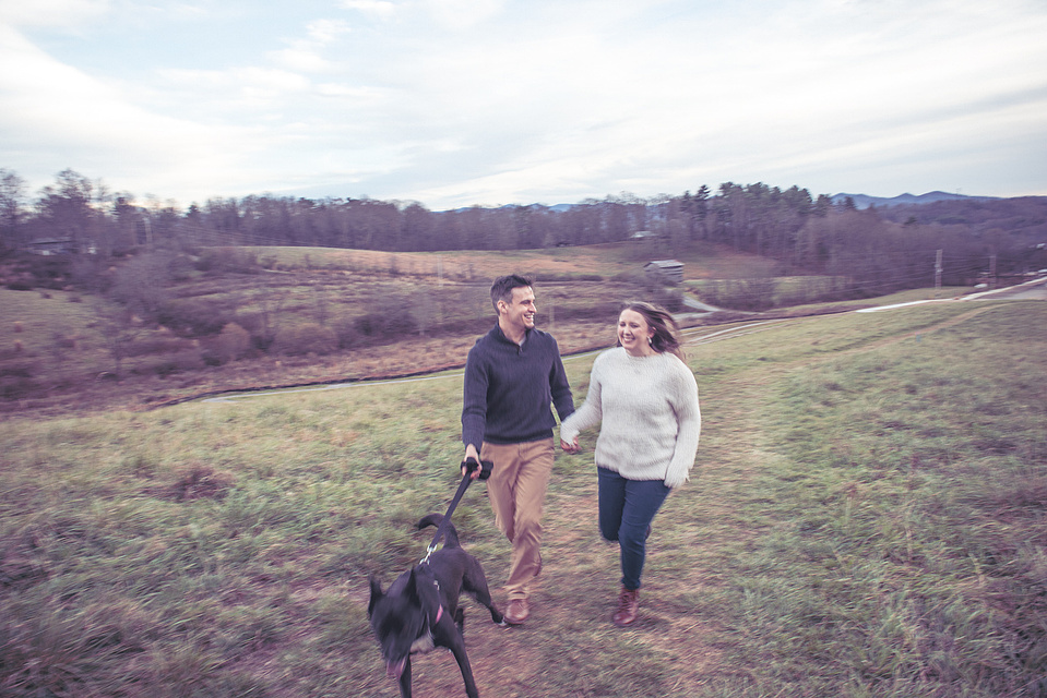 A couple and their dog captured at Mountain Bailey Preserve in Mars Hill for a family photography session