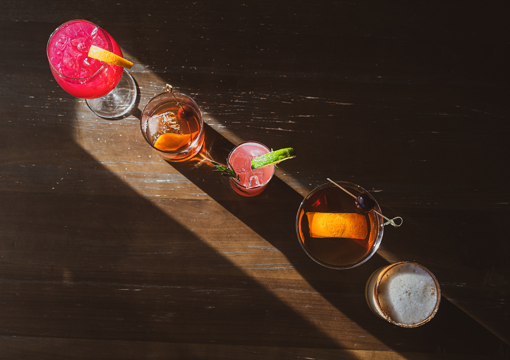 The cocktail lineup from Vinnie's winter cocktail menu in South Asheville captured by Asheville food photographer GraceD Photography.
