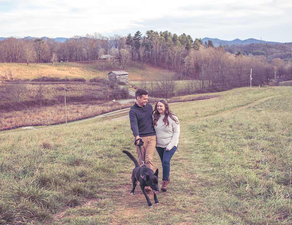 A couple and their dog captured at Mountain Bailey Preserve in Mars Hill for a family photography session