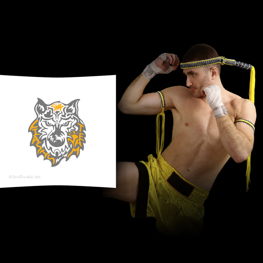 Presentation of the hidden words within the mark design of the logo of of Siam Muay Thai Liasis Team, next to a Muay Thai fighter who is in a typical Muay Thai stance.