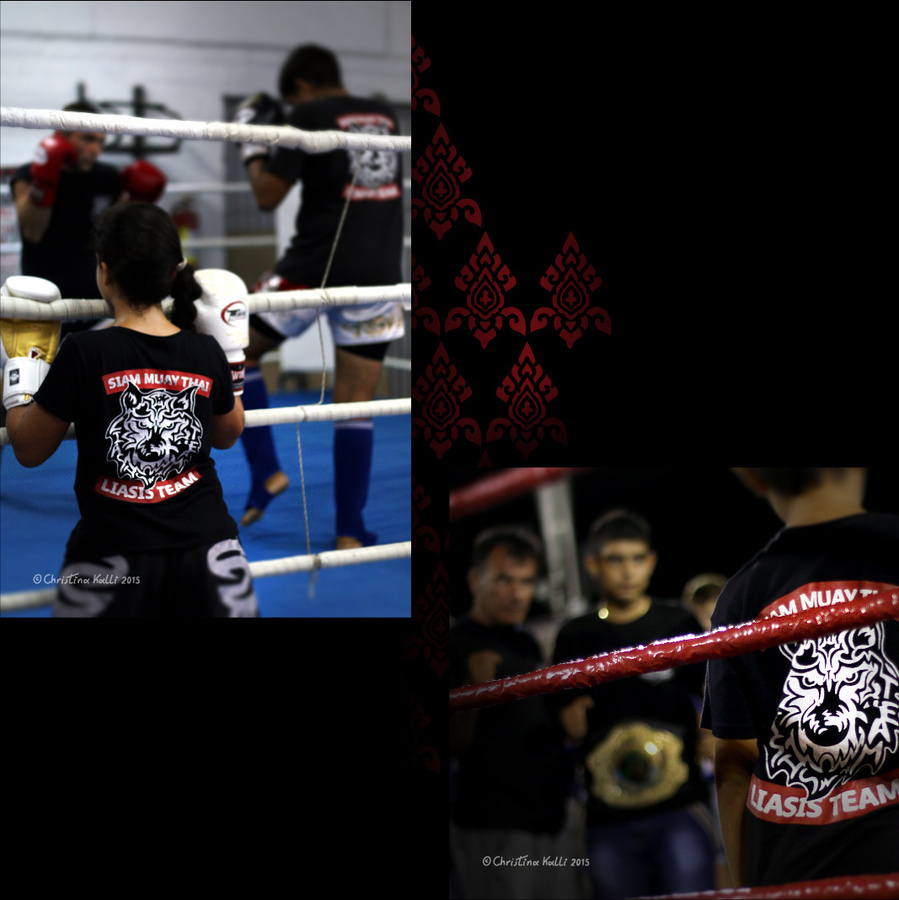 Muay Thai fighters and students wearing t-shirts with the logos of Siam Muay Thai Liasis Team, a Muay Thai school of martial arts in Cyprus.