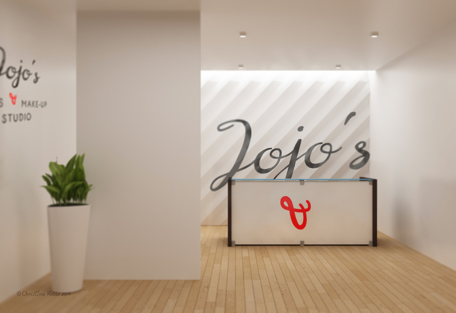 Application of the logo of Jojo's Nails & Make-up studio at the reception of the beauty salon as signage, with emphasis on the "&" ampersand character as red lips.