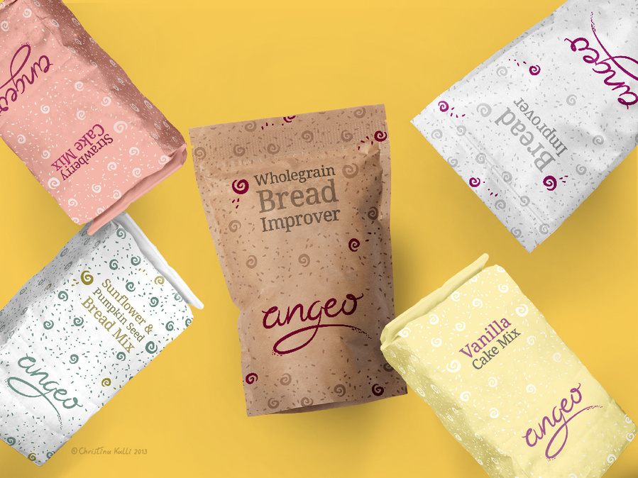 Packaging design for products using a pattern design under the branding of Angeo.