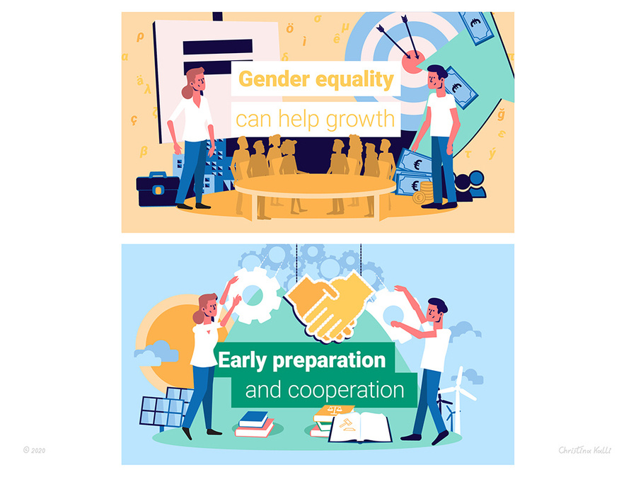 Frames indicating the importance of cooperation of Greek-Cypriots and Turkish Cypriots, from a storyboard and designs for an animated video for PRIO Cyprus on their research forecast report of the Peace Dividend in Cyprus.