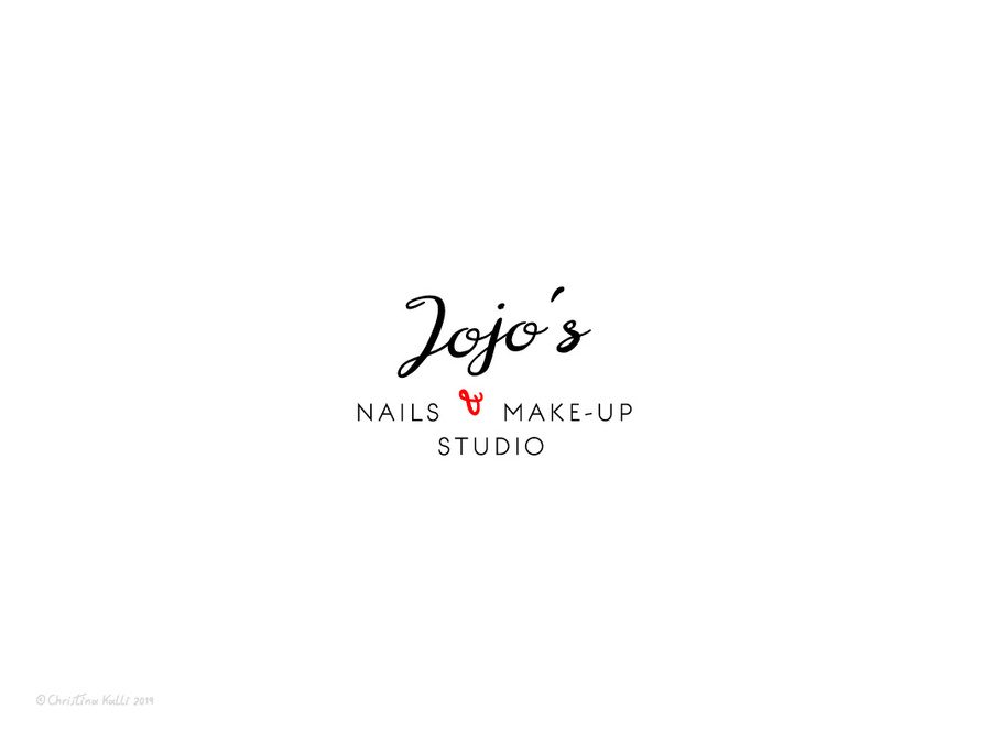 Script logotype that creates a face, using the "&" ampersand character as red lips, for a nails and make-up studio and beauty salon under the name Jojo's Nails & Make-up studio.
