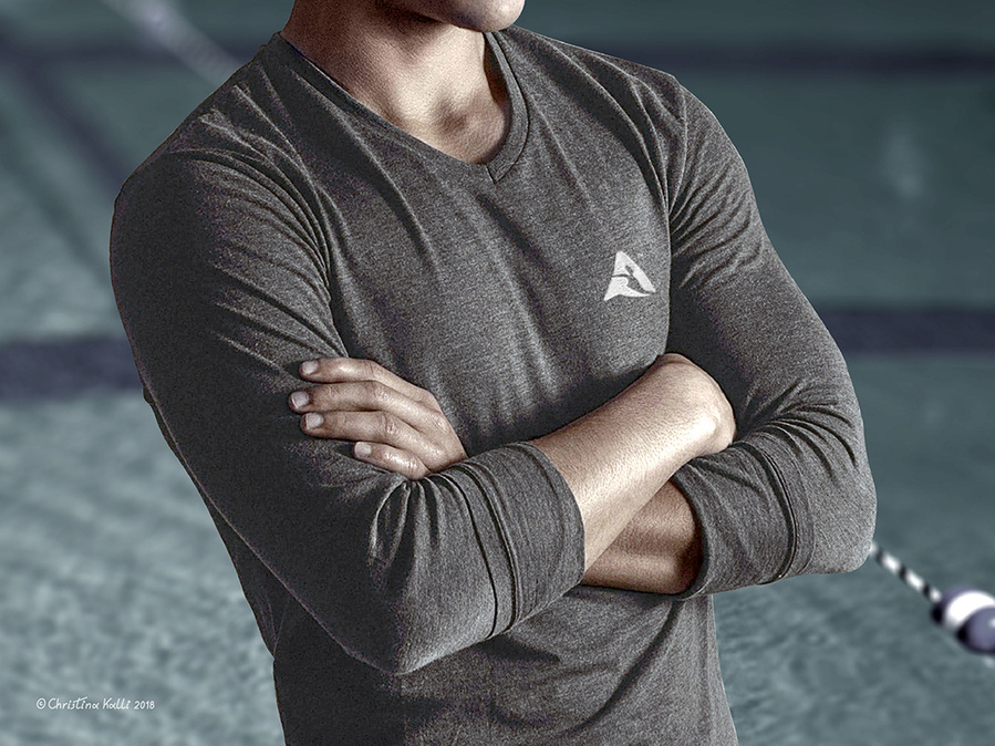 Application of the logo of Aqua Re-Action, a physical conditioning aquatic exercise program, specialized for people with rheumatism and other musculoskeletal conditions, on a shirt.