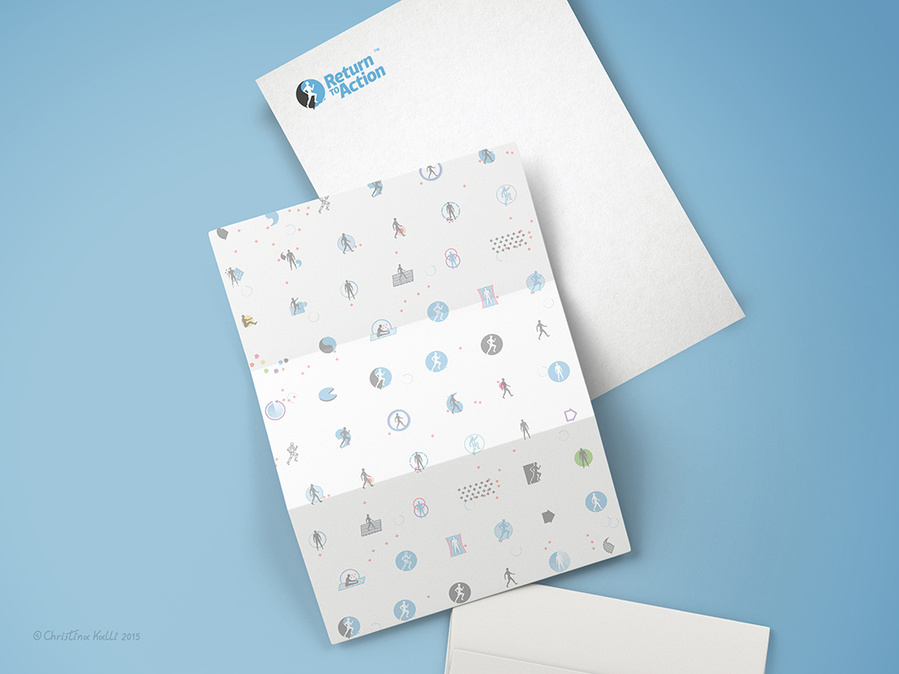 Stationery, letterhead and envelope design featuring a pattern of icons designed for the branding and identity of Return To Action, an aquatic exercise program specialized for people with arthritic conditions.