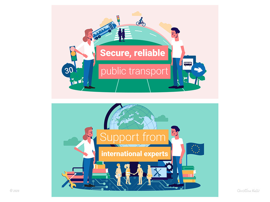 Frames indicating the importance of cooperation of Greek-Cypriots and Turkish Cypriots, from a storyboard and designs for an animated video for PRIO Cyprus on their research forecast report of the Peace Dividend in Cyprus.