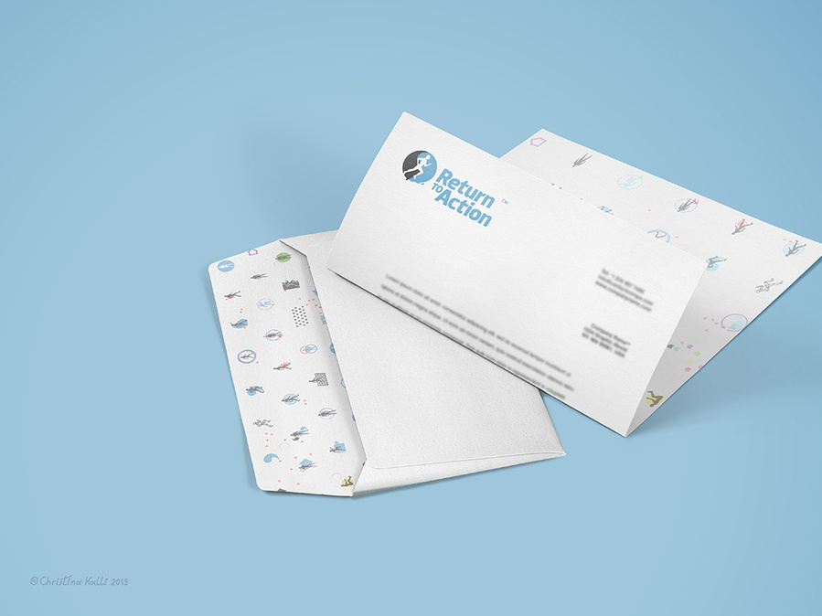 Stationery, letterhead and envelope design featuring a pattern of icons designed for the branding and identity of Return To Action, an aquatic exercise program specialized for people with arthritic conditions.