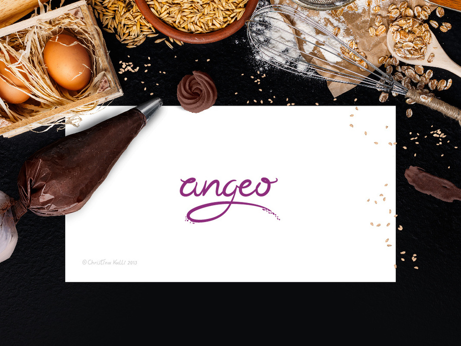Presentation of the script logotype of Angeo, a brand that distributes materials to bakeries, confectionery shops and patisseries.