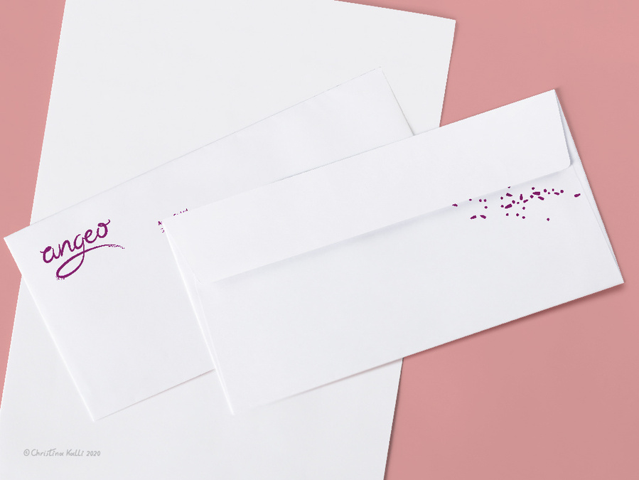 Stationery design, letterhead and envelope as part of the branding identity of Angeo.