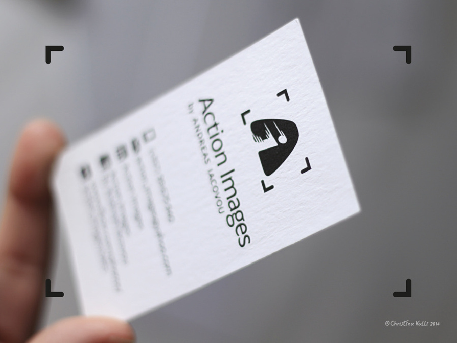 Business card design featuring the logo design for Action Images by Andreas Iacovou, a sports photographer, with his initials A and I interacting to resemble a runner with speed lines.