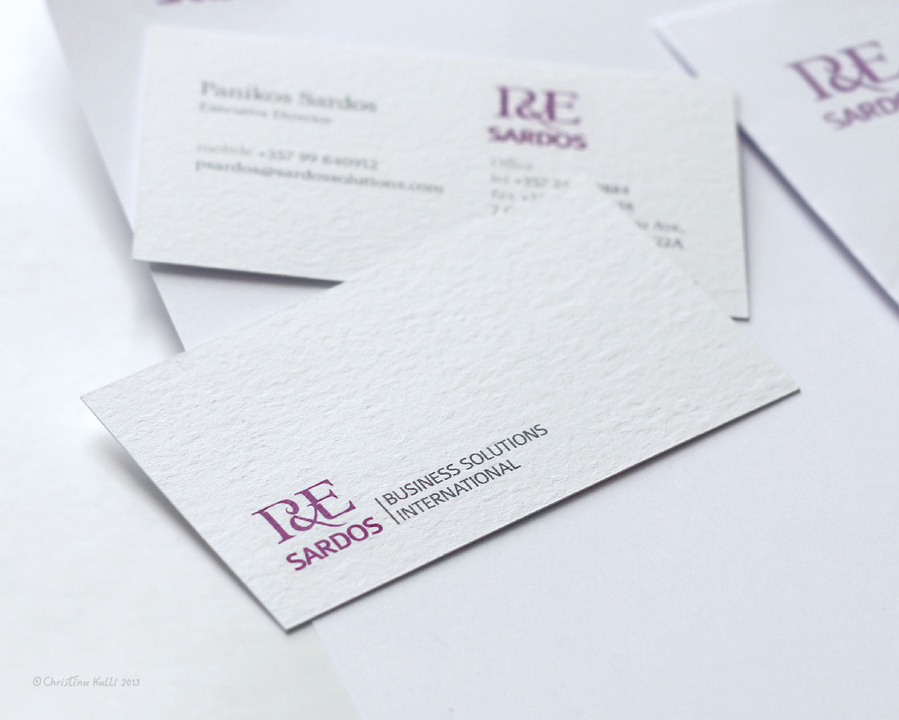 Business card design as part of the branding identity for P&E Sardos, a business consulting company.