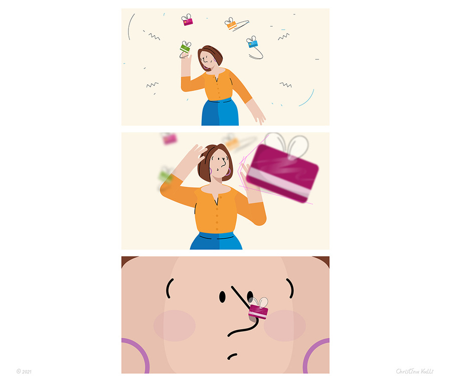 Frames from a storyboard of an animated video, showing a woman trying to shoo away little flying credit cards, that buzz around her like flies.