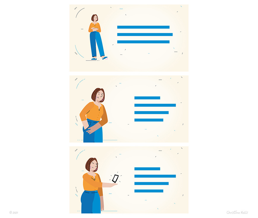 Frames from a storyboard of an animated video, showing a woman standing confident and then reaching in her pocket to get her mobile phone.