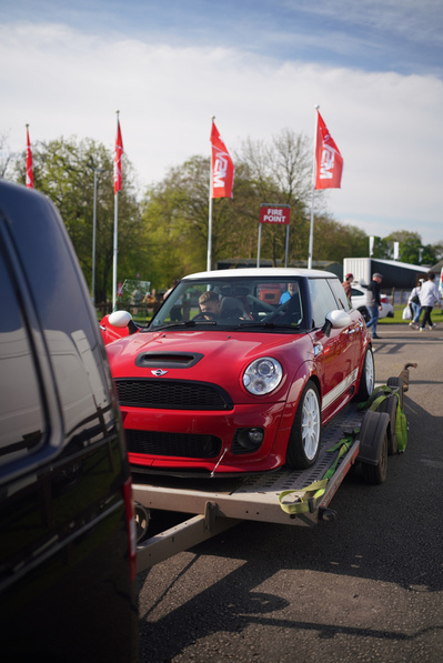 R56 MINI Cooper S modified on a trailer at a car show