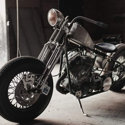 Harley Davidson panhead old school chopper / Bobber photograph taken in Leith Edinburgh at North Motorcycle by Rob Senior. Motorbike is built by Tyler Lunceford 
