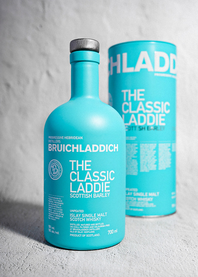 A bottle of The classic laddie whisky which is made by bruichladdich distillery in Islay Scotland.