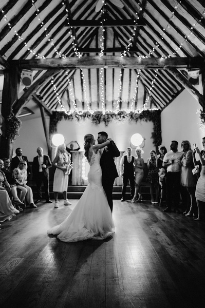 black and white photo of the first dance at winters barns during the wedding reception