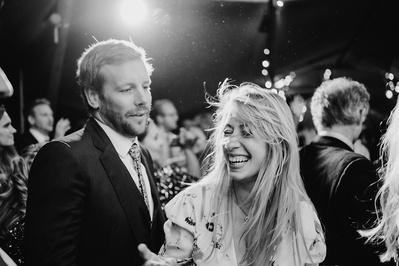 Black and white photo of wedding guest dancing on the Dancefloor in Kent