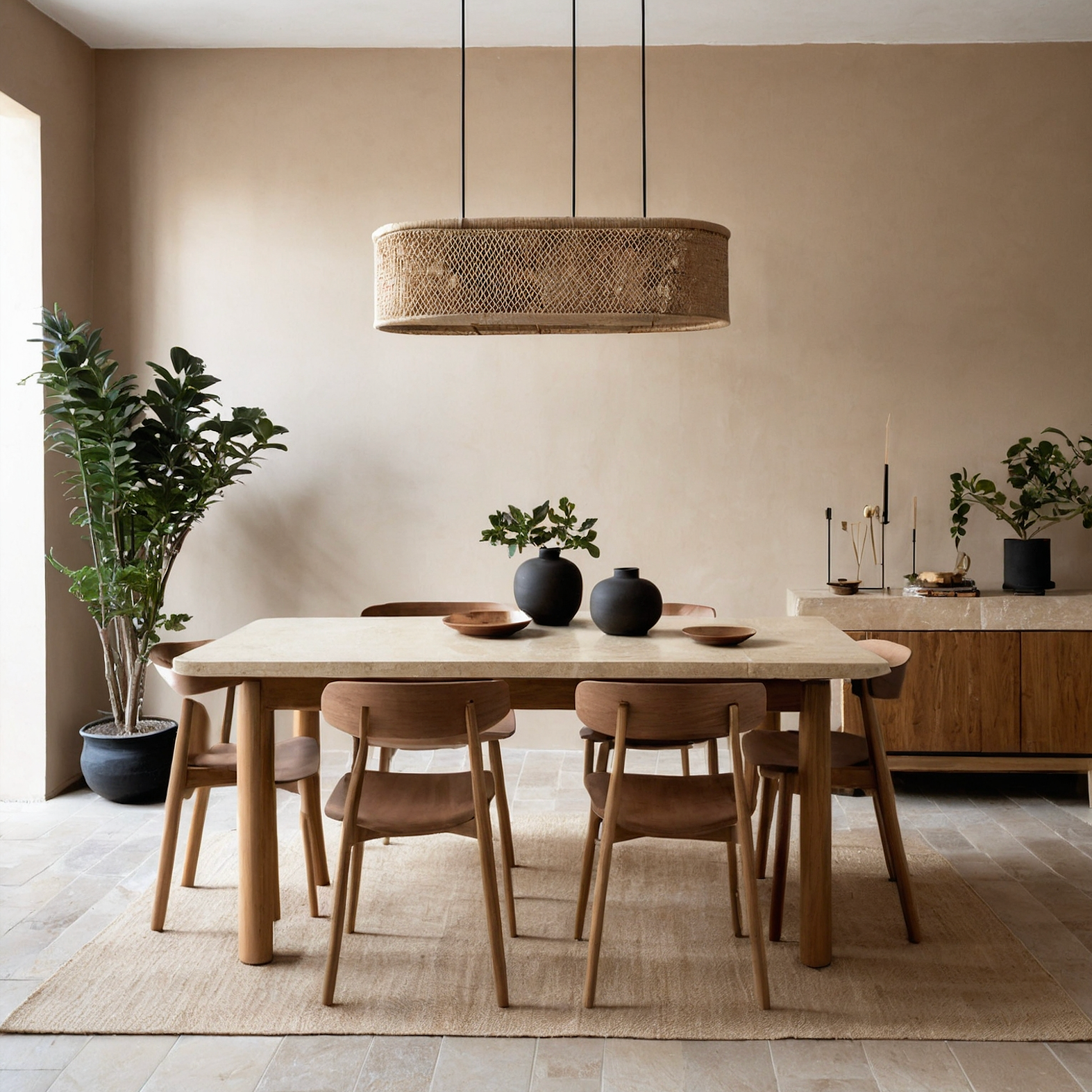 AI generated image of dining furniture set made from wood and travertine - natural materials 