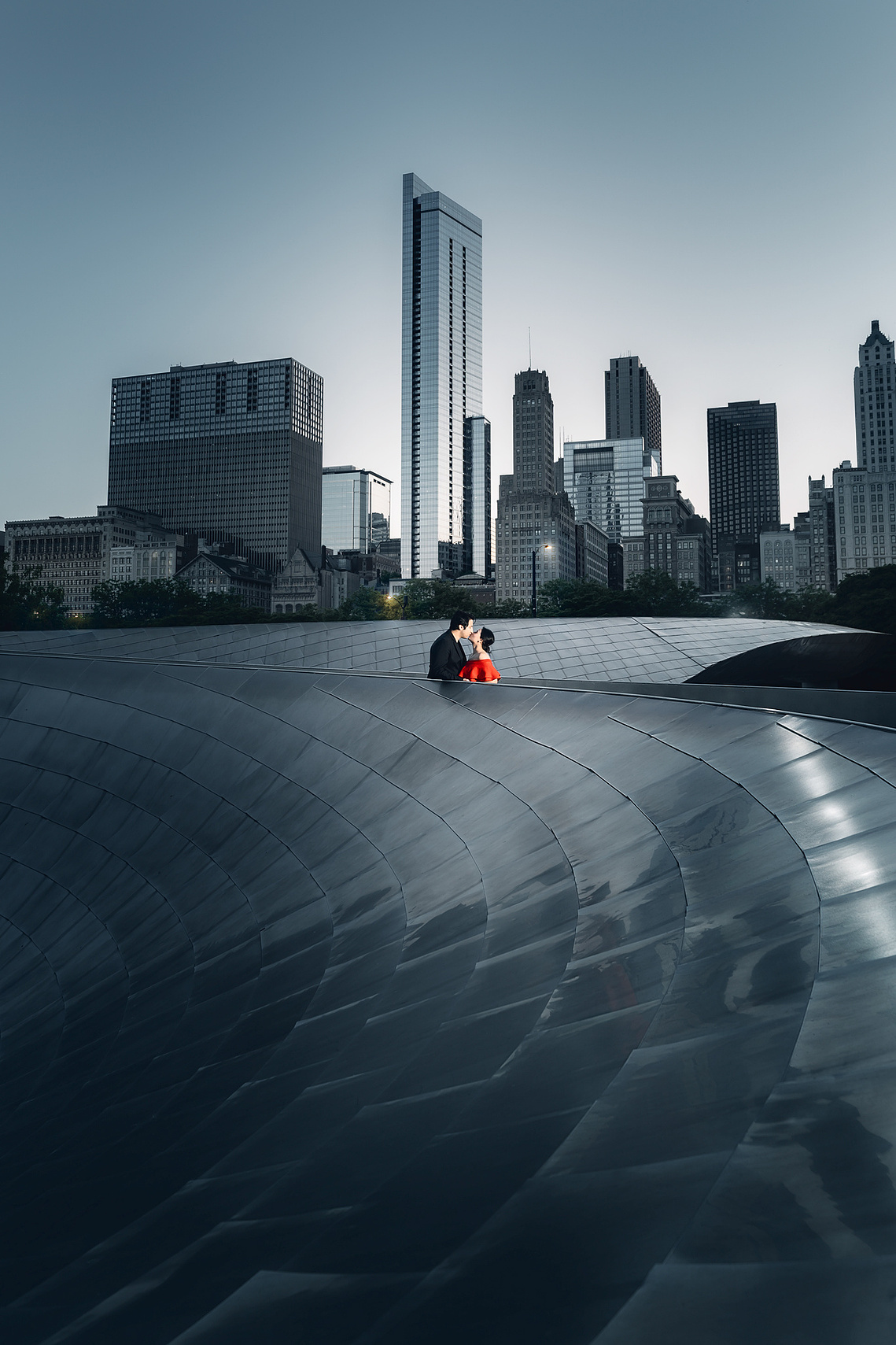 Spectacular wide angle photograph at Downtown Chicago. Engagement photoshoot with Gurung Photography from Mequon Wisconsin. 