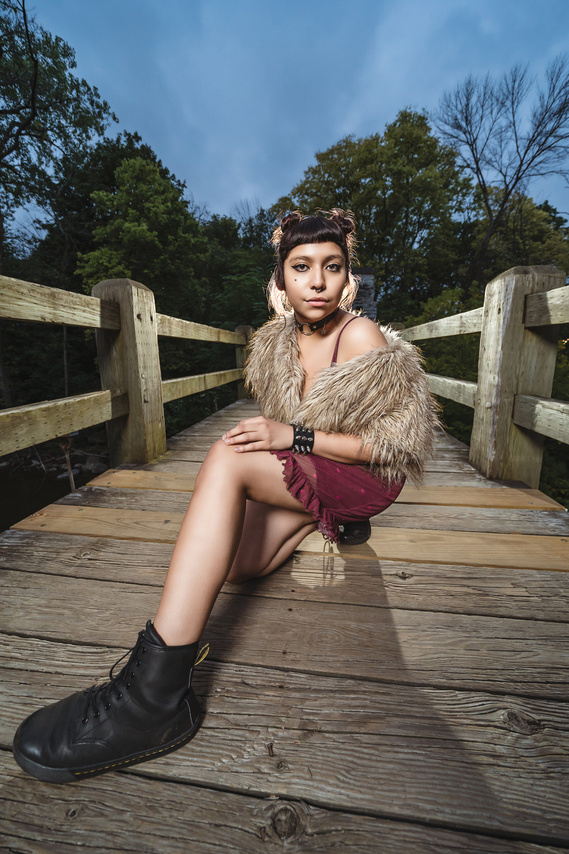Beautiful high school girl posing in the wooden bridge in Wauwatosa Wisconsin. Senior portrait photoshoot Mequon Wisconsin. 