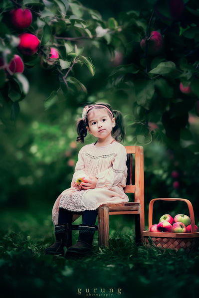 Stunning photograph of a beautiful girl in apple field of Mequon Wisconsin. Great outdoor portrait photography by Gurung Photography. Child portrait. 