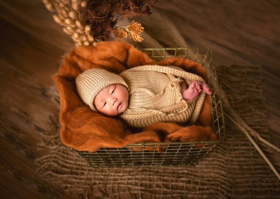 Newborn baby boy. Great autumn color tone! Newborn photoshoot in Mequon Wisconsin. 