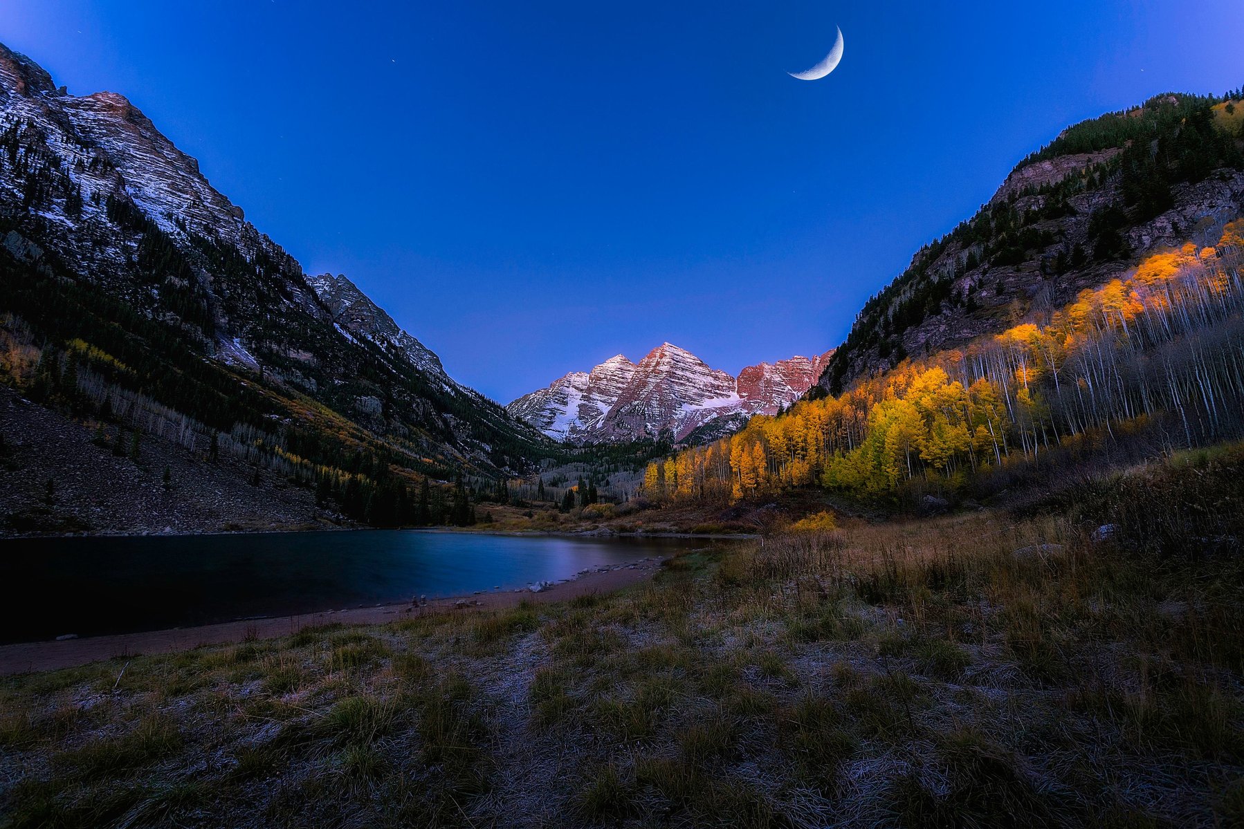 landscape, nature, lake, moroon bells, mountain, moon.