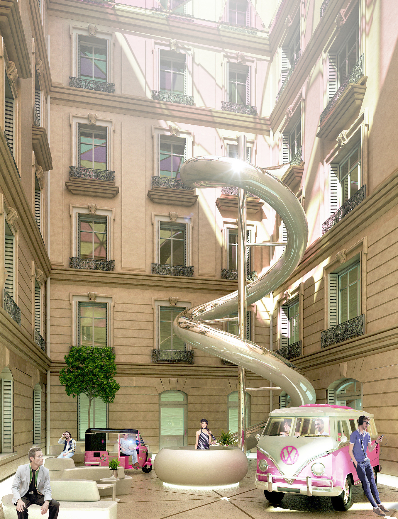 Image de synthèse de la cour de l'agence 1000 Mercis.