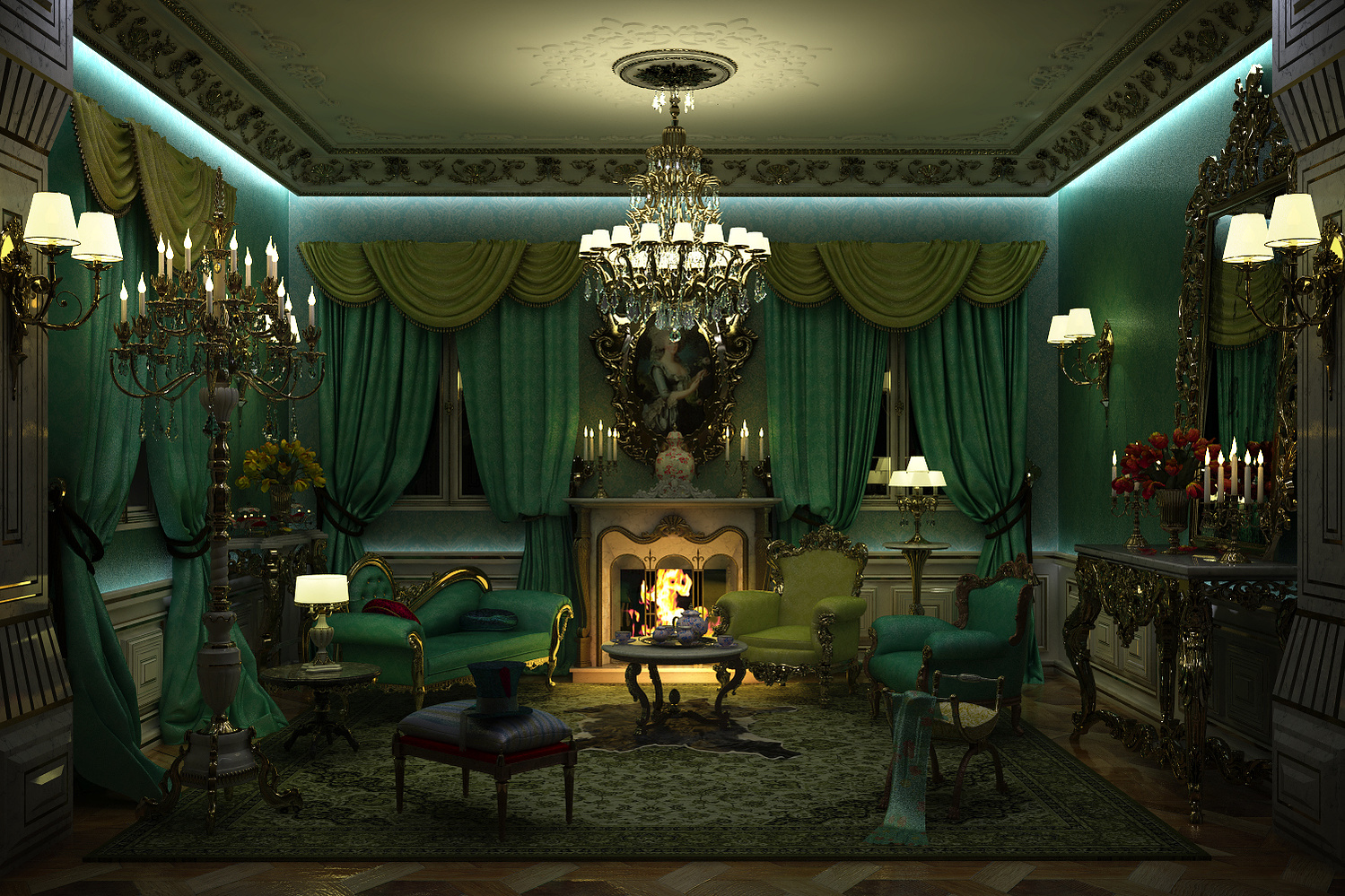 Boudoir de restaurant baroque, image de synthèse.